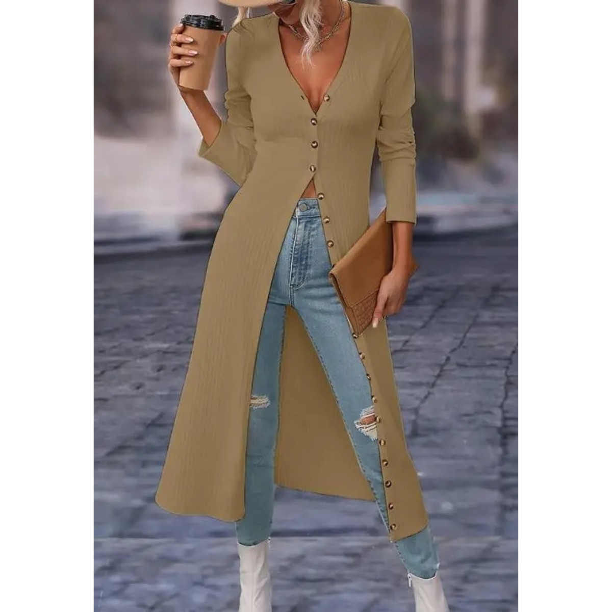 Women's Longline V-Neck Button-Front Jacket - Brown
