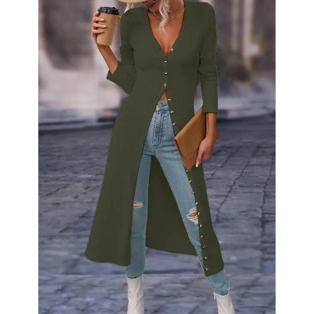 Women's Longline V-Neck Button-Front Jacket - Green