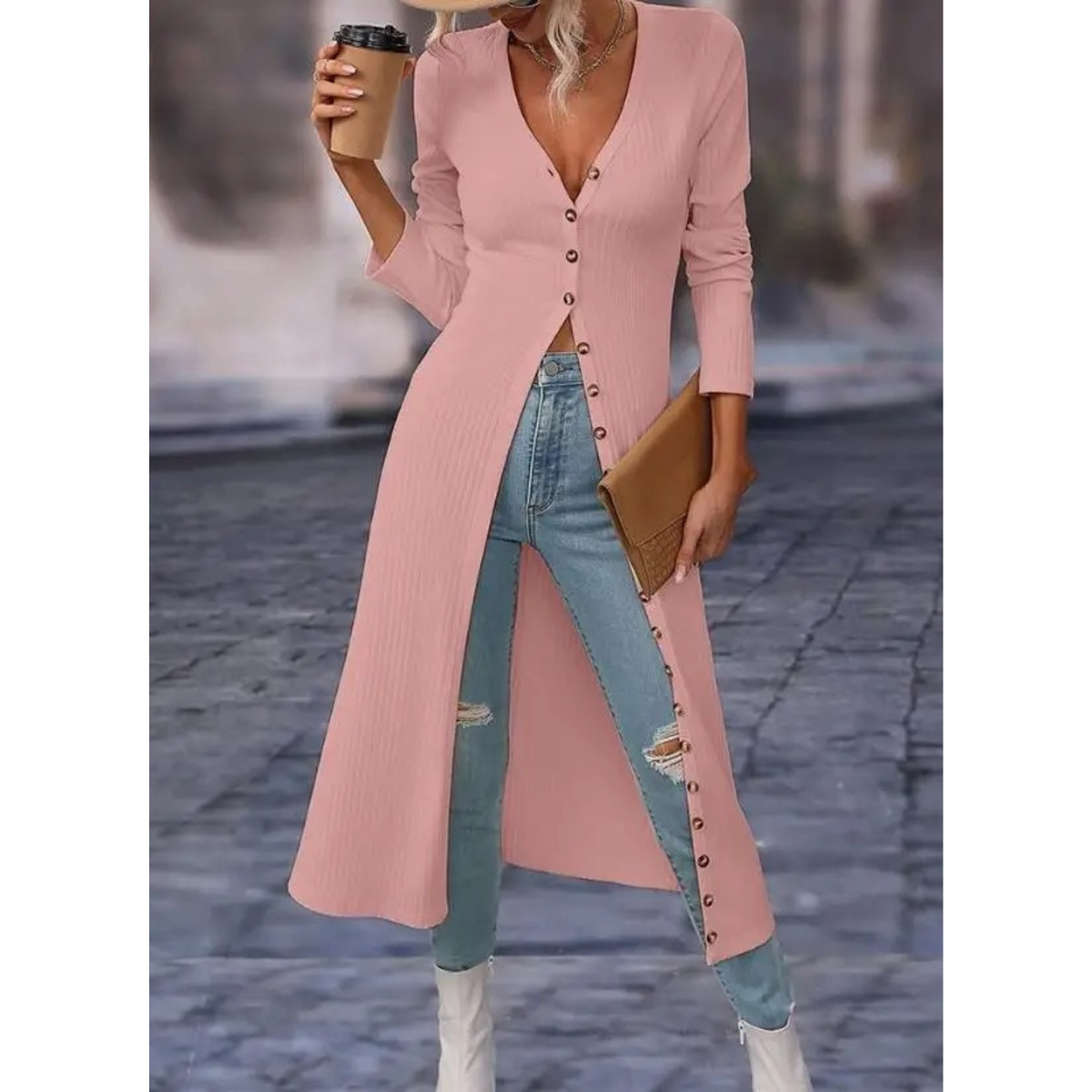 Women's Longline V-Neck Button-Front Jacket - Dark Pink