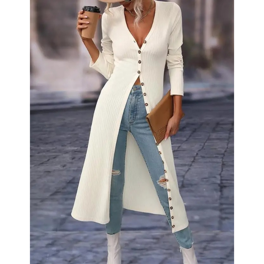 Women's Longline V-Neck Button-Front Jacket - White
