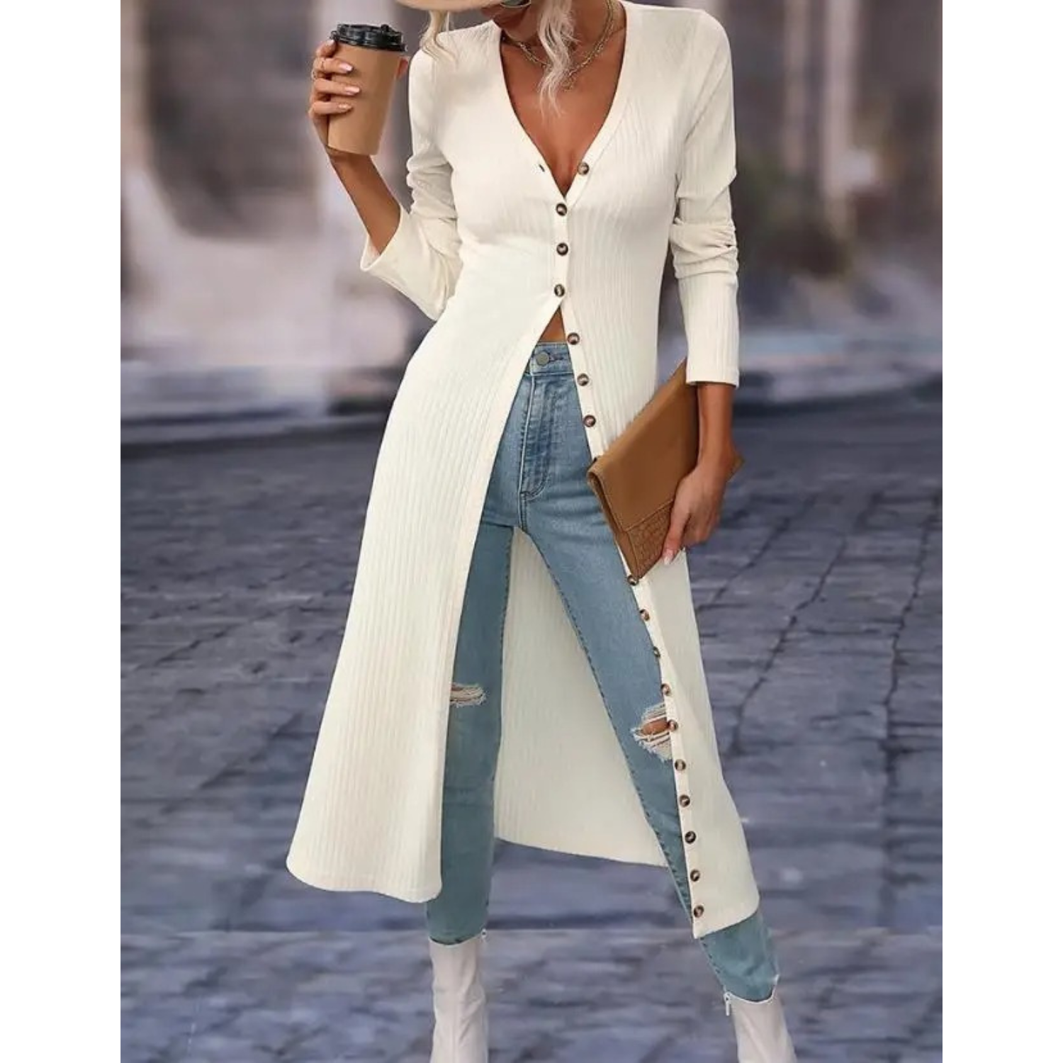 Women's Longline V-Neck Button-Front Jacket - White