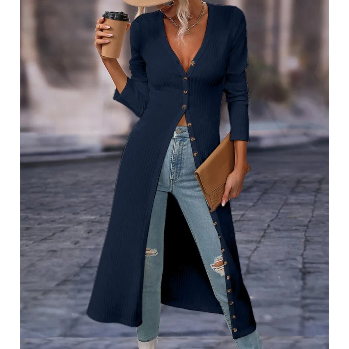 Women's Longline V-Neck Button-Front Jacket - Blue