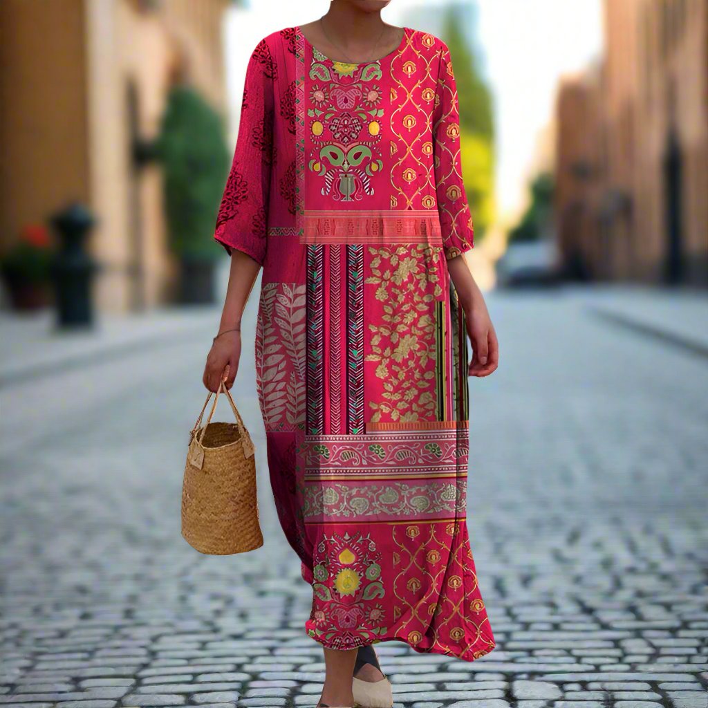 Women's Three-Quarter Sleeve Boho Maxi Dress