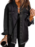 Women's Oversized Longline Frayed-Hem Denim Jacket - Black