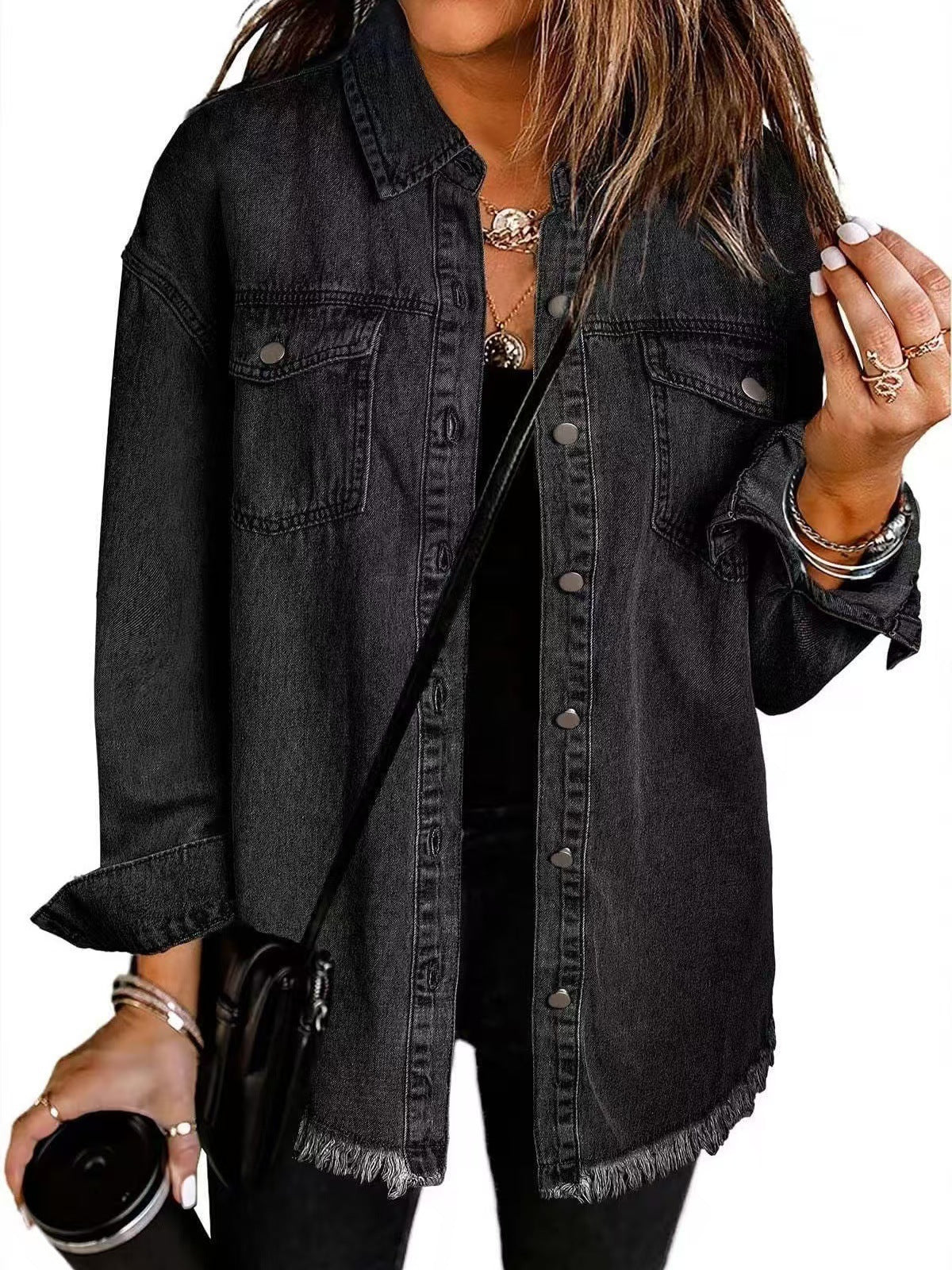 Women's Oversized Longline Frayed-Hem Denim Jacket - Black