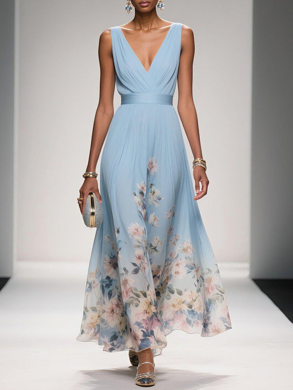 Women's Chiffon Floral V-Neck Maxi Dress