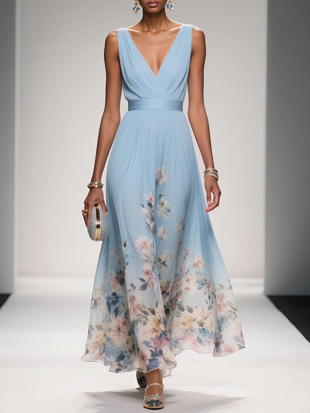 Women's Chiffon Floral V-Neck Maxi Dress