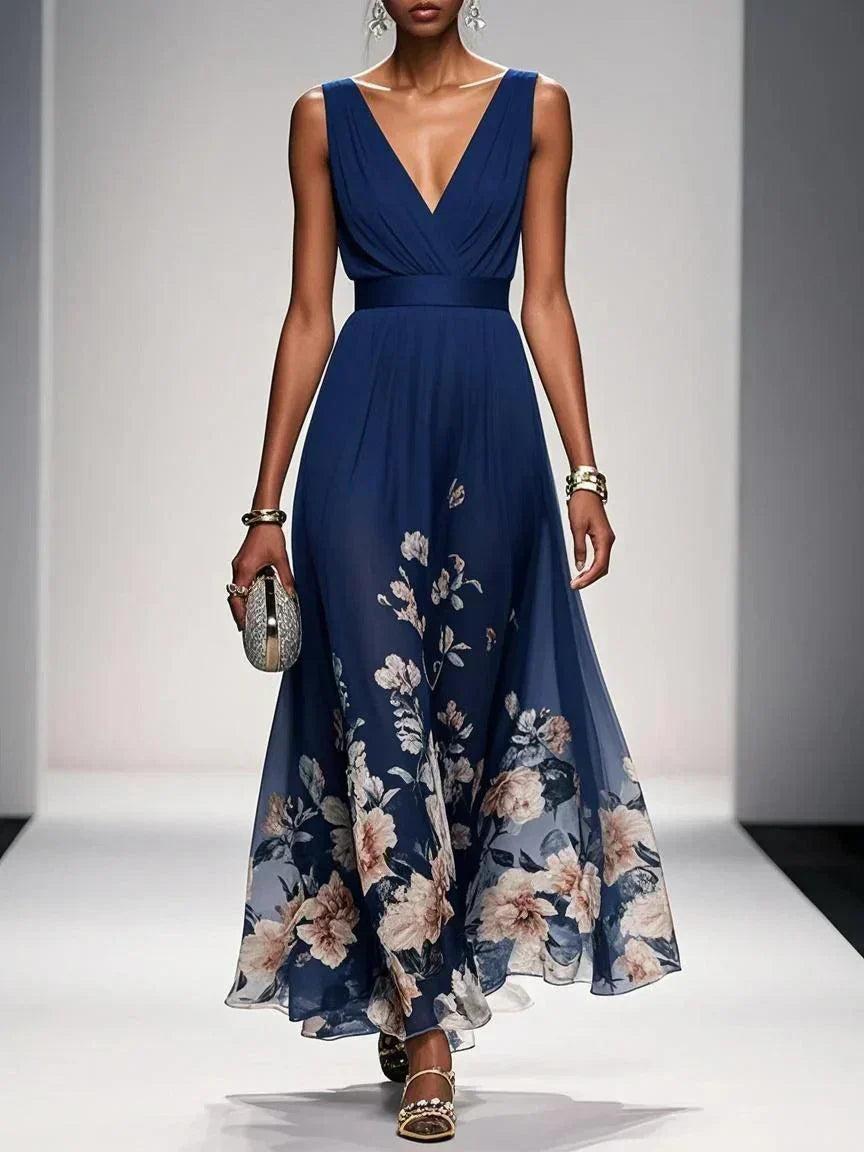 Women's Chiffon Floral V-Neck Maxi Dress