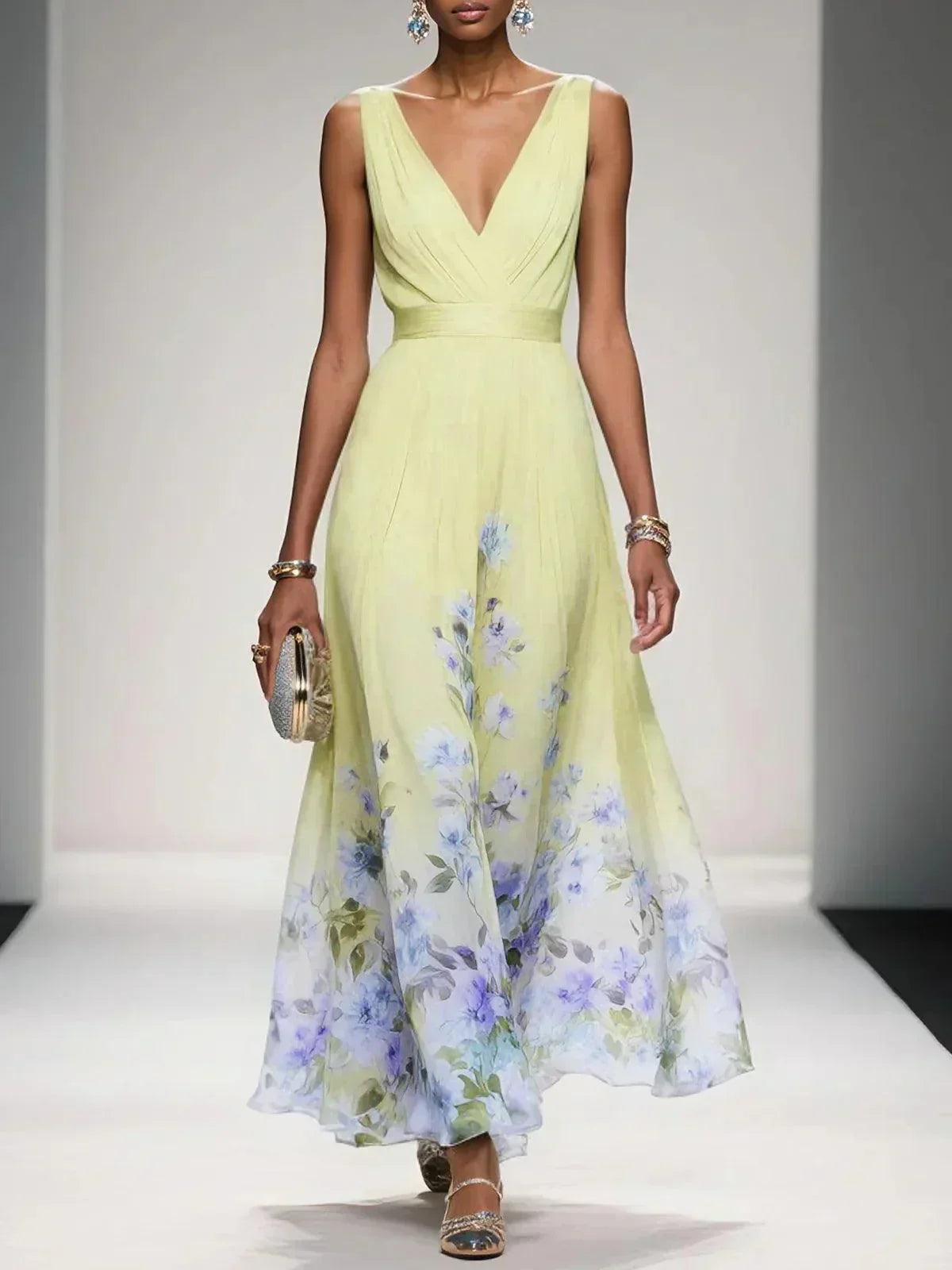 Women's Chiffon Floral V-Neck Maxi Dress