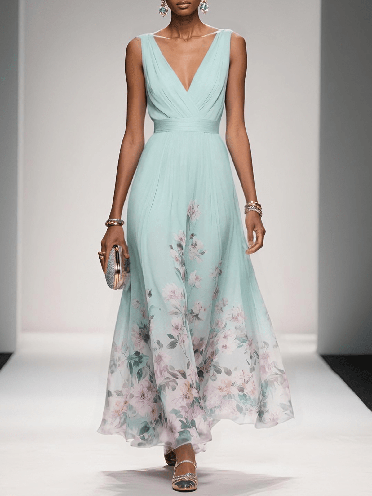 Women's Chiffon Floral V-Neck Maxi Dress