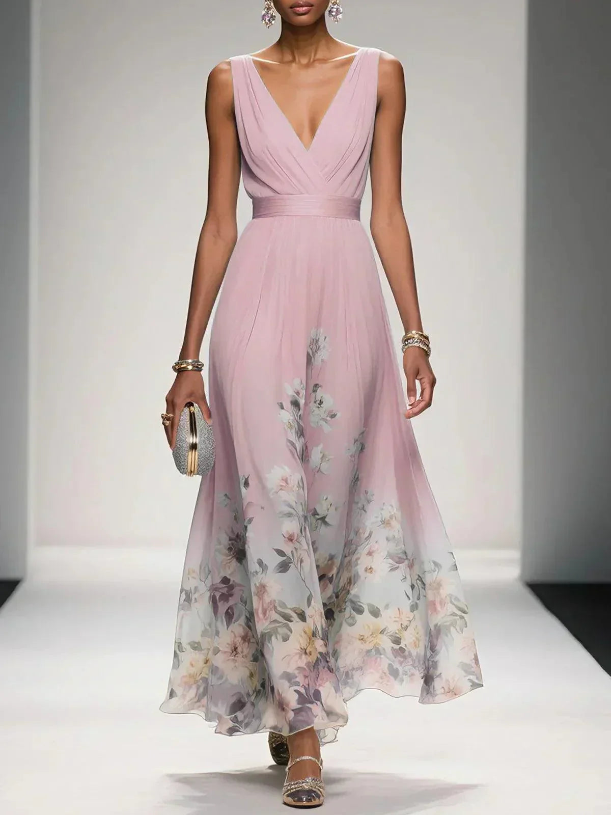 Women's Chiffon Floral V-Neck Maxi Dress