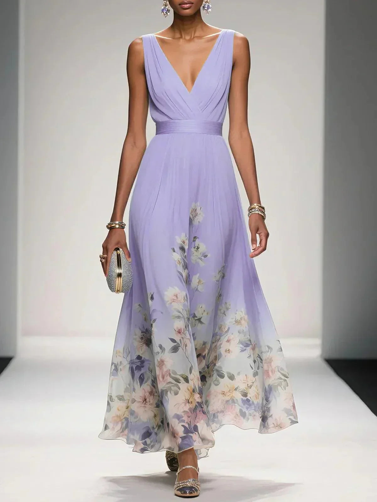 Women's Chiffon Floral V-Neck Maxi Dress