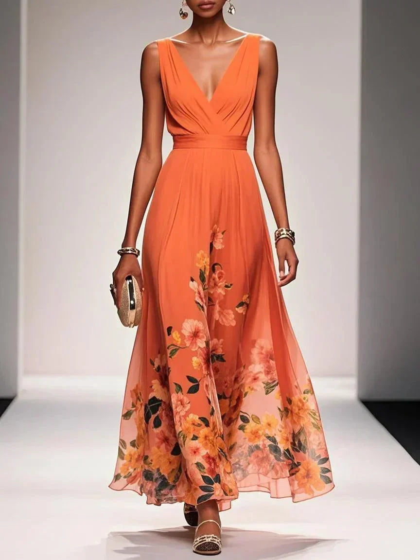 Women's Chiffon Floral V-Neck Maxi Dress