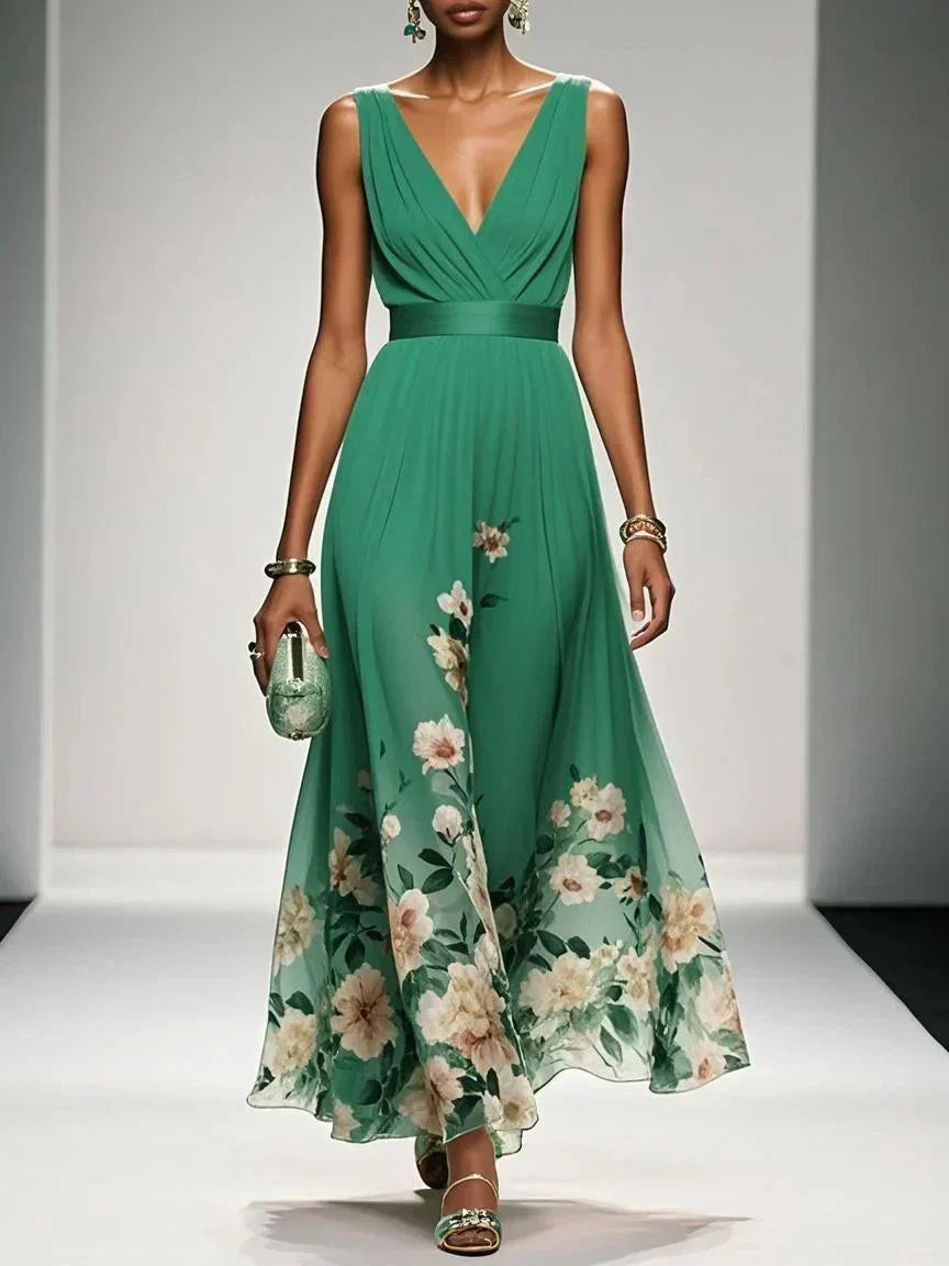 Women's Chiffon Floral V-Neck Maxi Dress