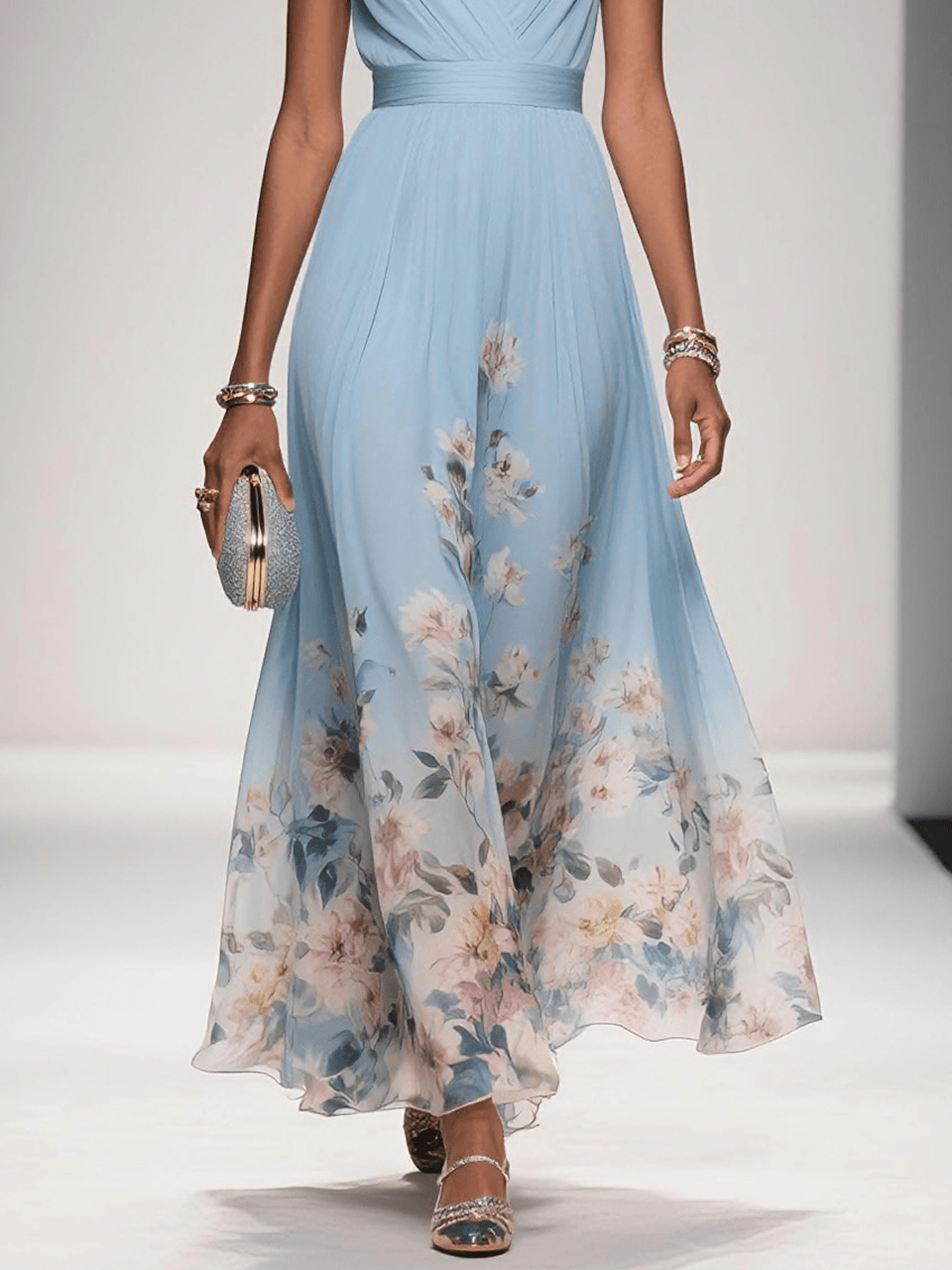 Women's Chiffon Floral V-Neck Maxi Dress