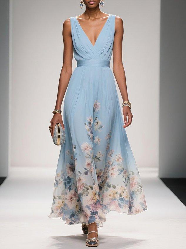 Women's Chiffon Floral V-Neck Maxi Dress