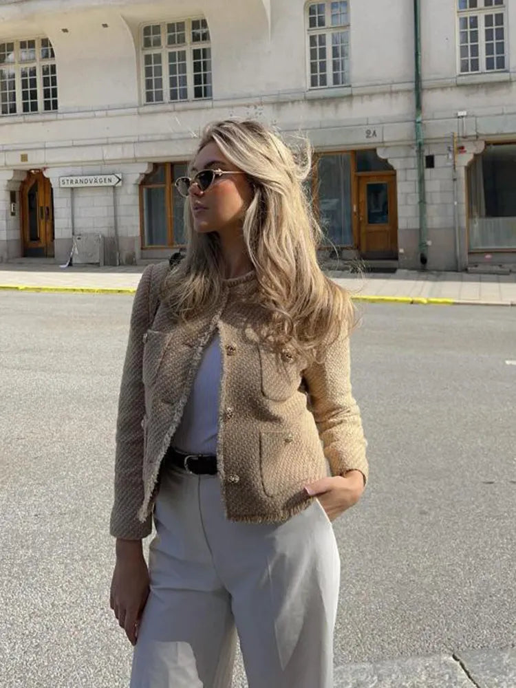 Women's Collarless Cropped Tweed Jacket with Four Pockets