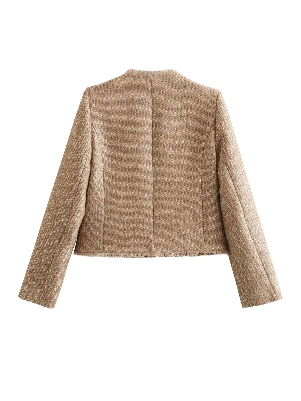 Women's Collarless Cropped Tweed Jacket with Four Pockets