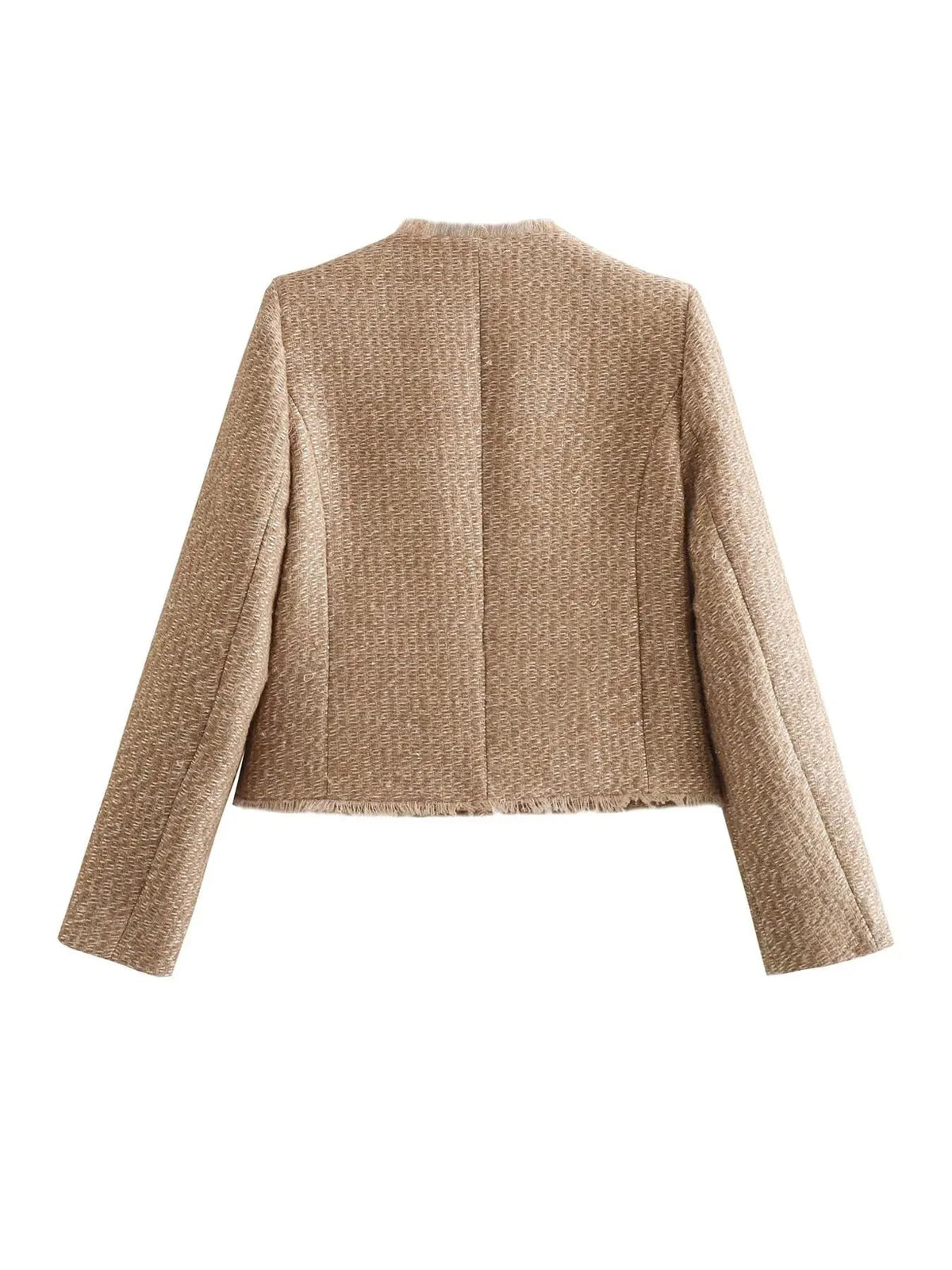 Women's Collarless Cropped Tweed Jacket with Four Pockets
