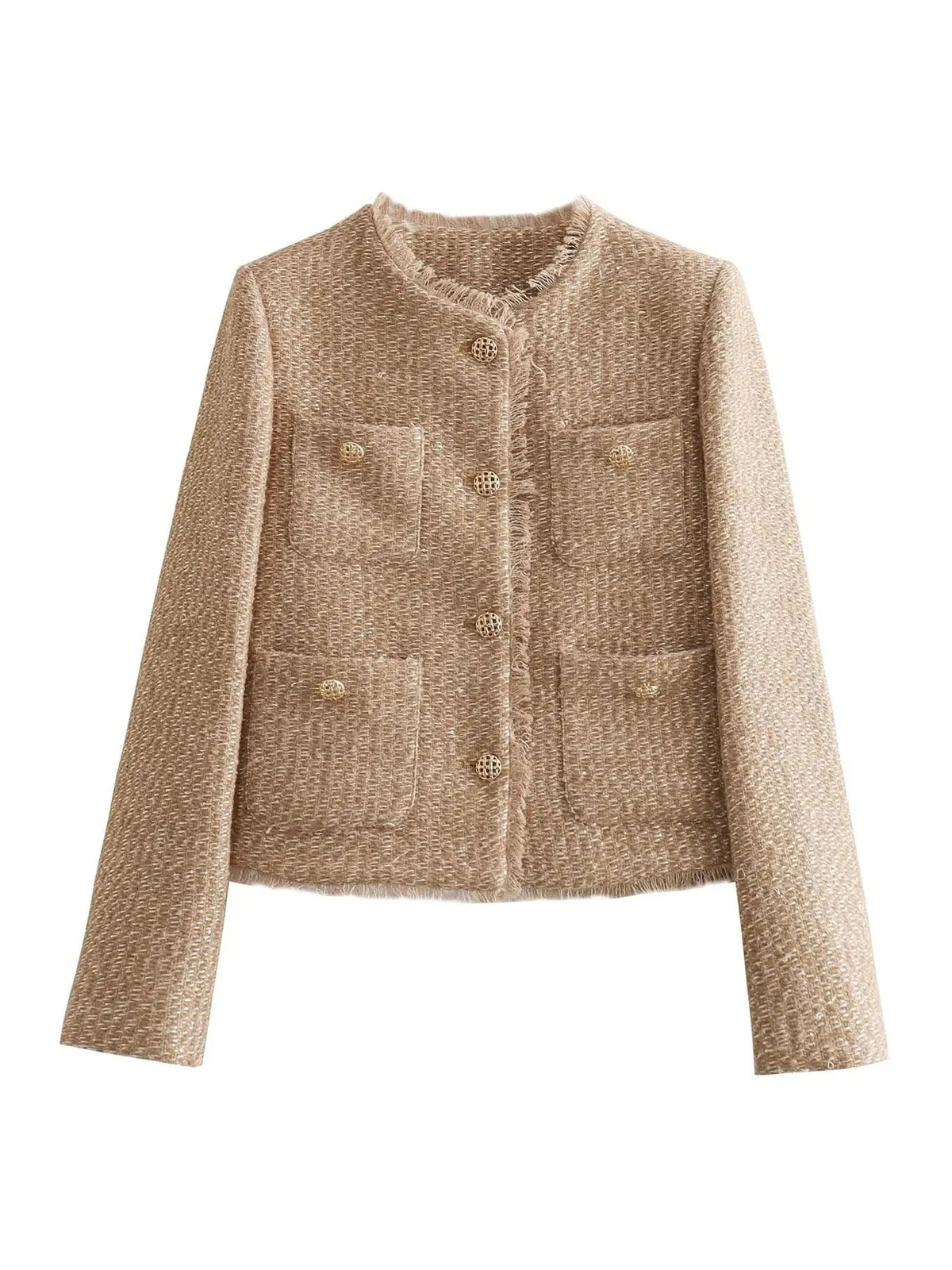Women's Collarless Cropped Tweed Jacket with Four Pockets