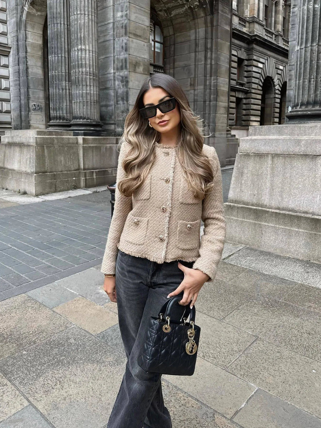 Women's Collarless Cropped Tweed Jacket with Four Pockets