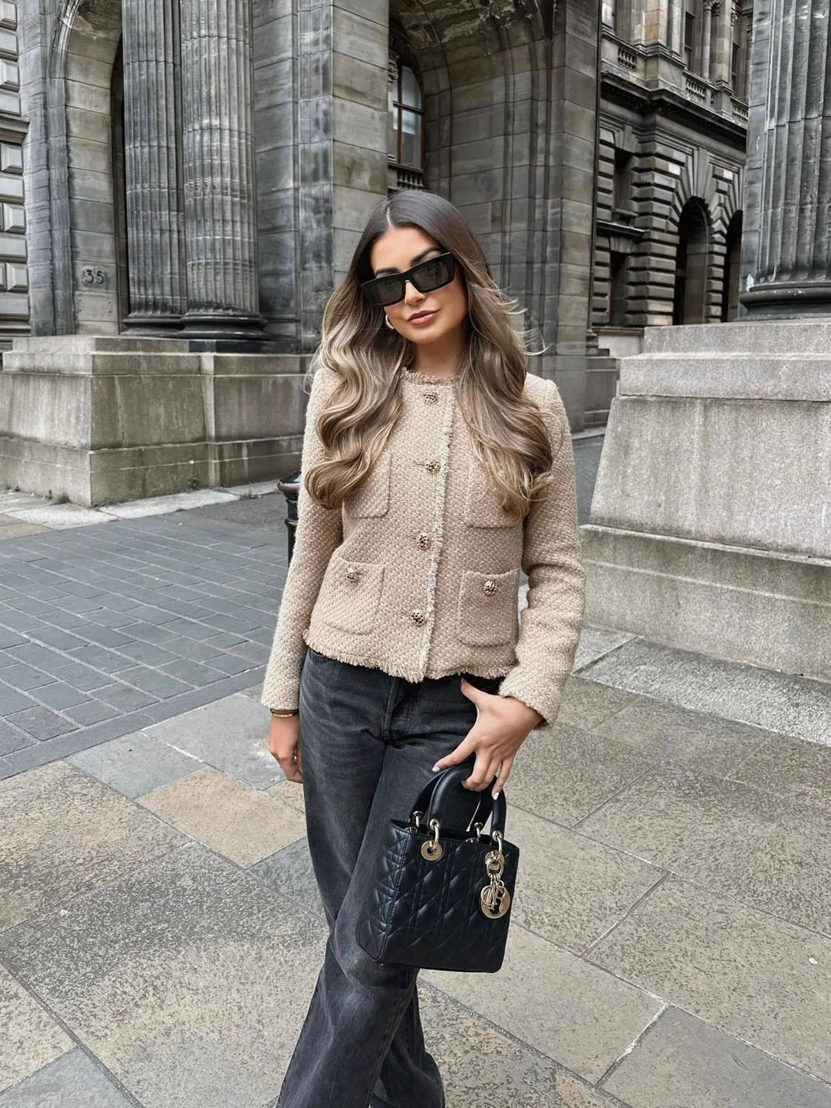 Women's Collarless Cropped Tweed Jacket with Four Pockets