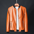 Men's Faux Leather Bomber Jacket with Ribbed Trims - Orange