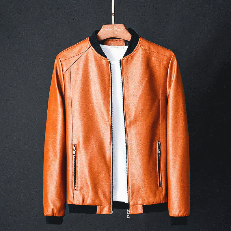 Men's Faux Leather Bomber Jacket with Ribbed Trims - Orange
