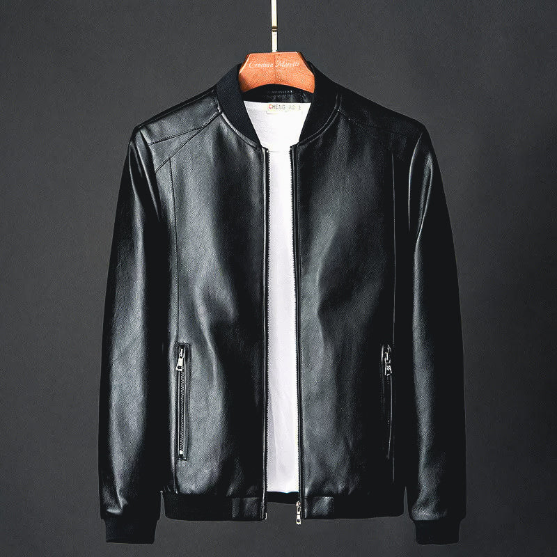 Men's Faux Leather Bomber Jacket with Ribbed Trims - Black