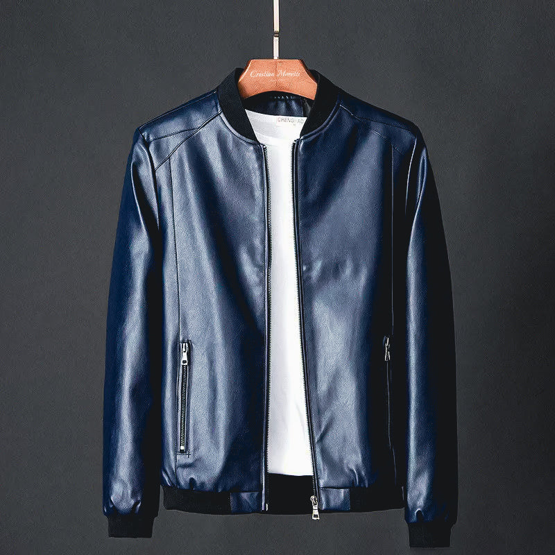 Men's Faux Leather Bomber Jacket with Ribbed Trims - Dark Blue