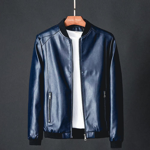 Men's Faux Leather Bomber Jacket with Ribbed Trims - Dark Blue