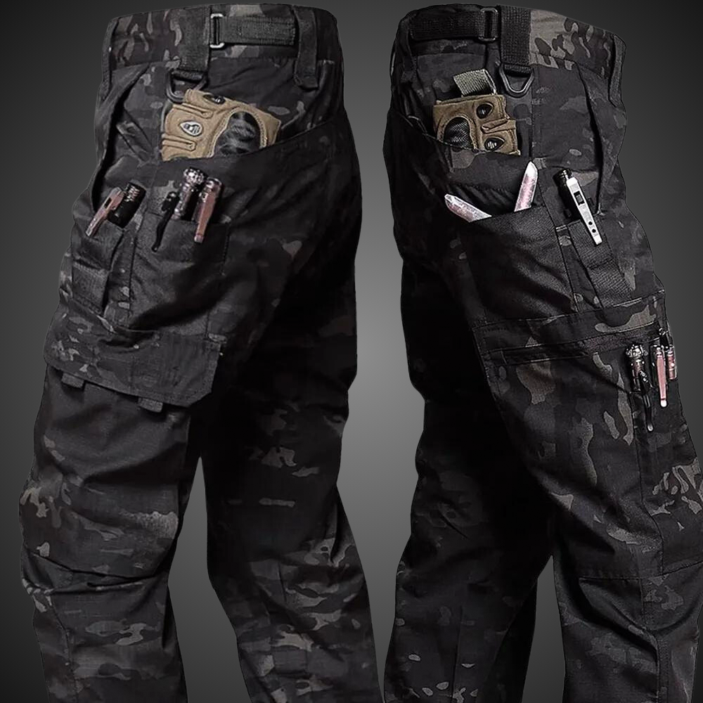 Men's Camouflage Ripstop Cargo Pants for Outdoor Wear - Black A