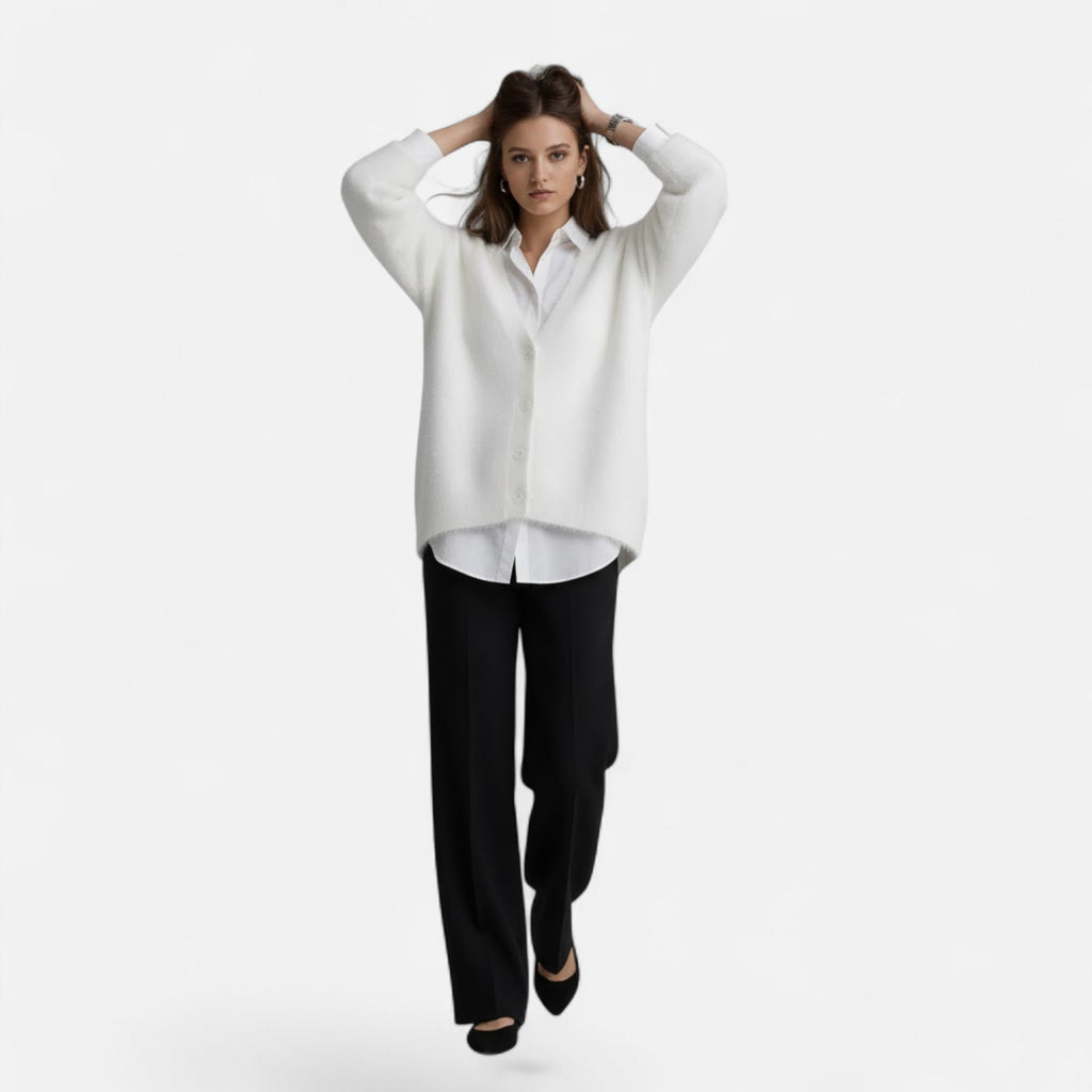 Women's Loose V-Neck Buttoned Knit Cardigan - Gray