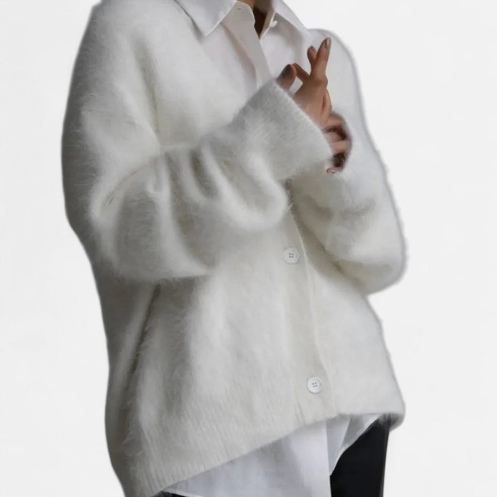 Women's Loose V-Neck Buttoned Knit Cardigan - Light Gray