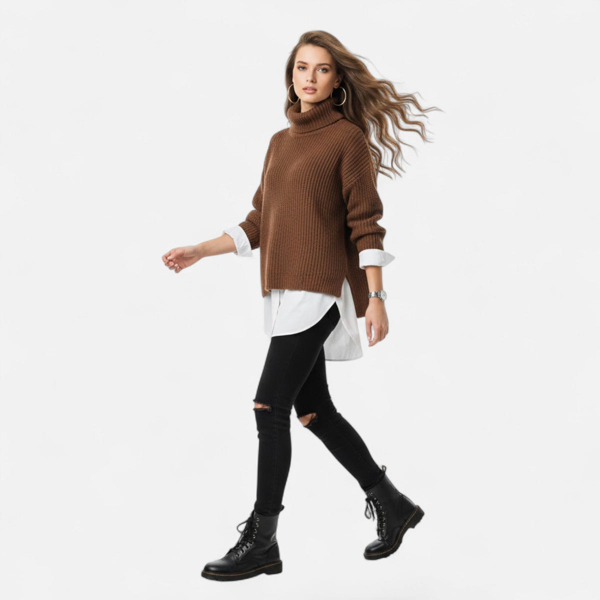 Women's Plus-Size Mock-Neck Loose Knit Sweater - Khaki