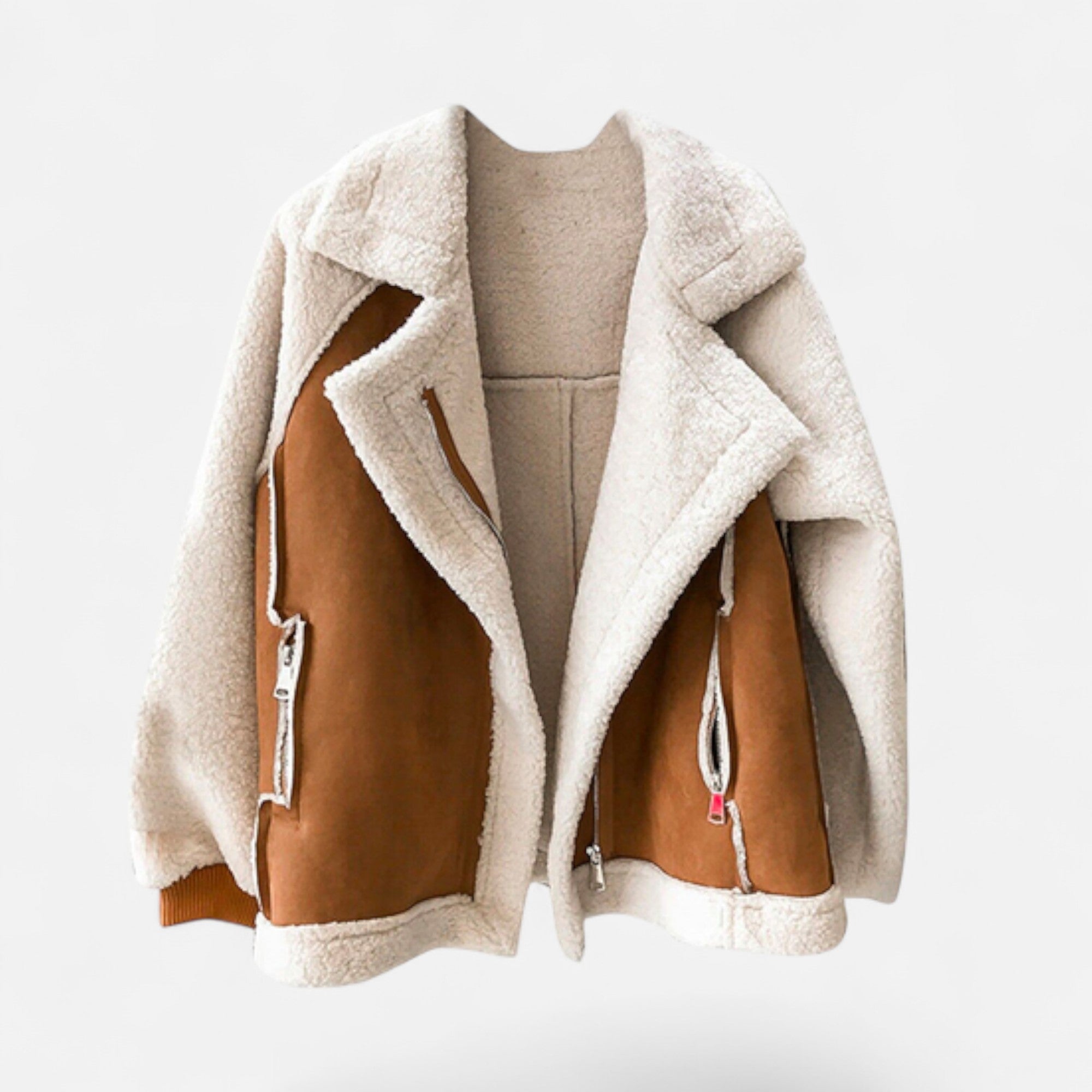 Women's Cropped Suede-Look Lamb-Velvet Moto Jacket - Khaki