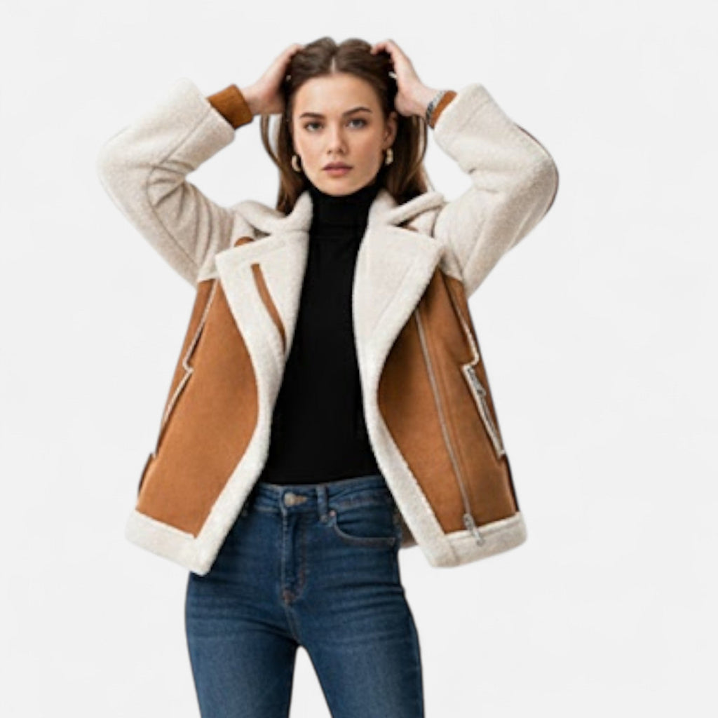 Women's Cropped Suede-Look Lamb-Velvet Moto Jacket