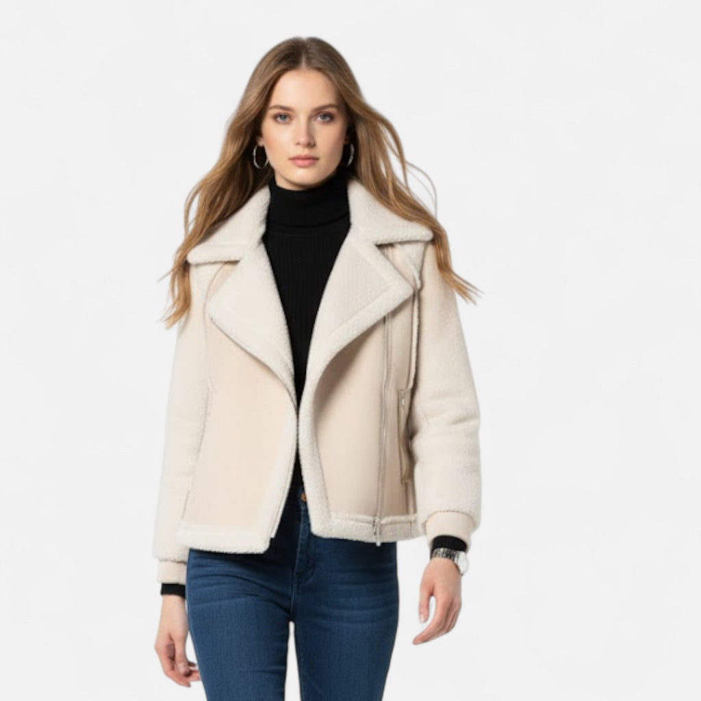 Women's Cropped Suede-Look Lamb-Velvet Moto Jacket