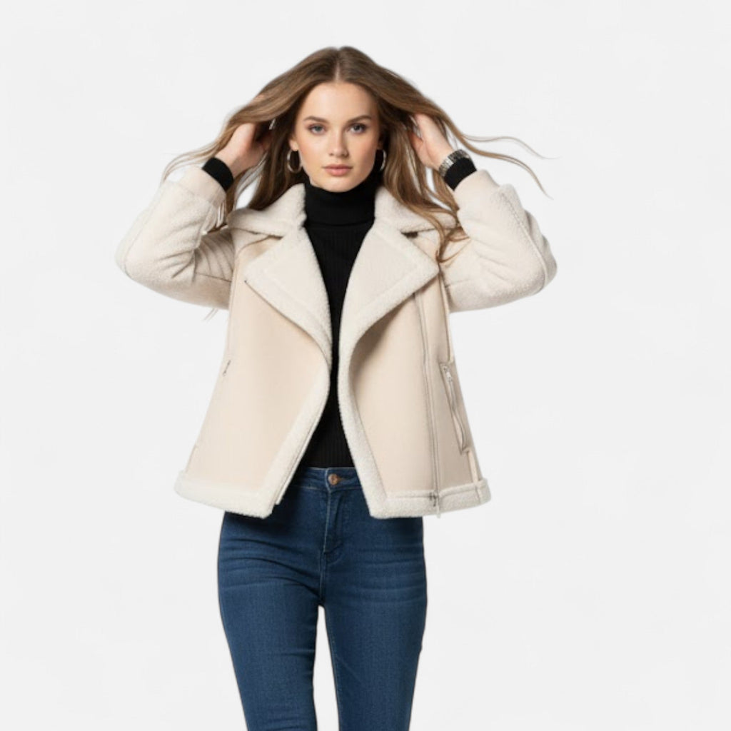 Women's Cropped Suede-Look Lamb-Velvet Moto Jacket