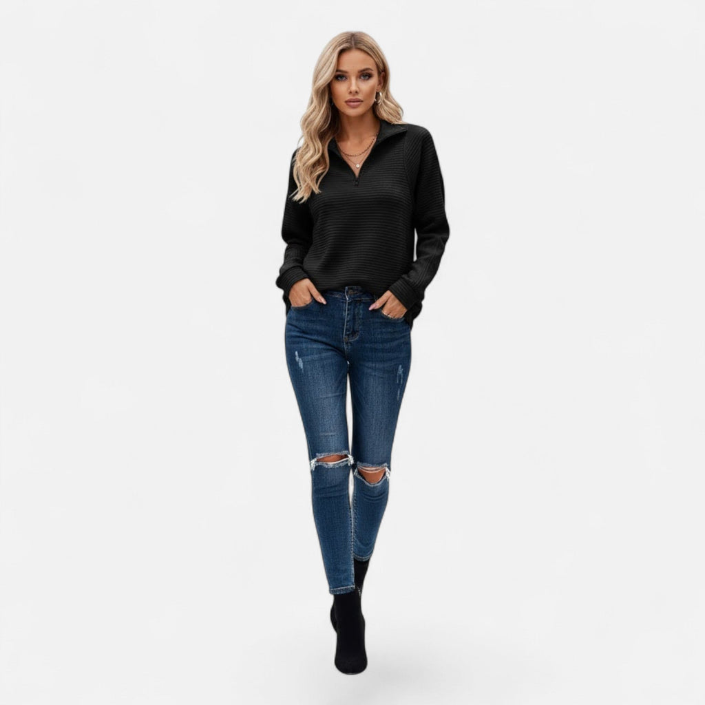 Women's Zip Stand-Collar Knit Pullover - Drak Green