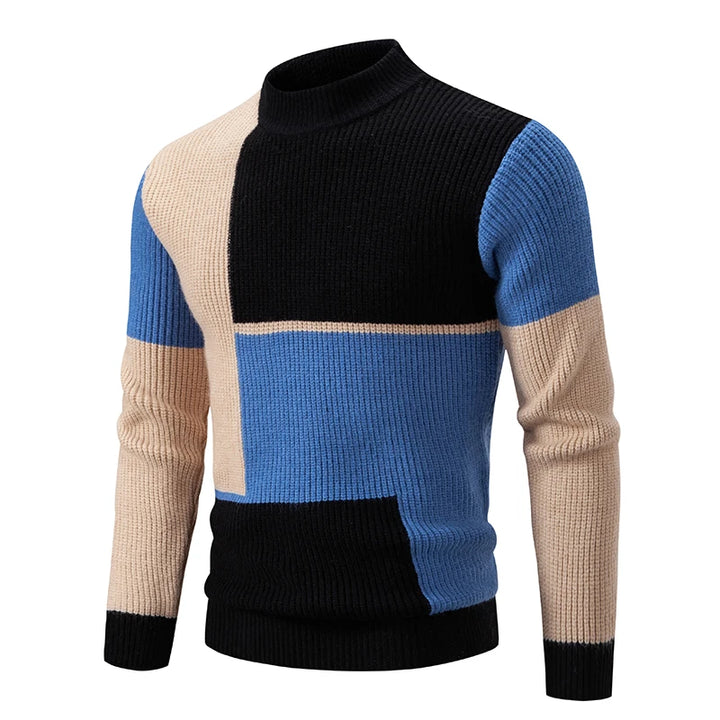 Men's Geometric Color-Block Ribbed Knit Sweater - Black/Blue/Khaki