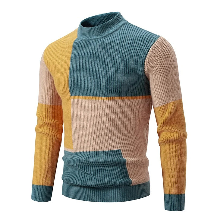 Men's Geometric Color-Block Ribbed Knit Sweater - Yellow/Green/Khaki