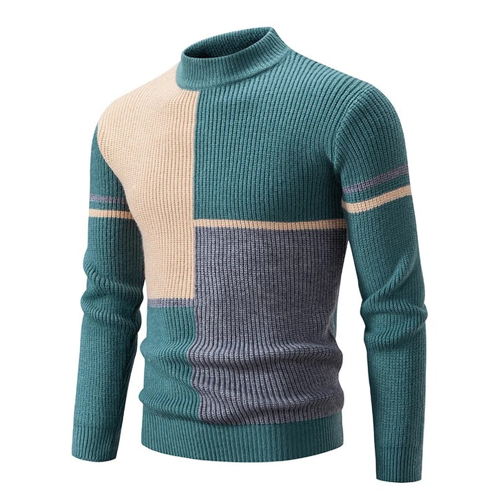 Men's Geometric Color-Block Ribbed Knit Sweater - Green/Gray/Khaki