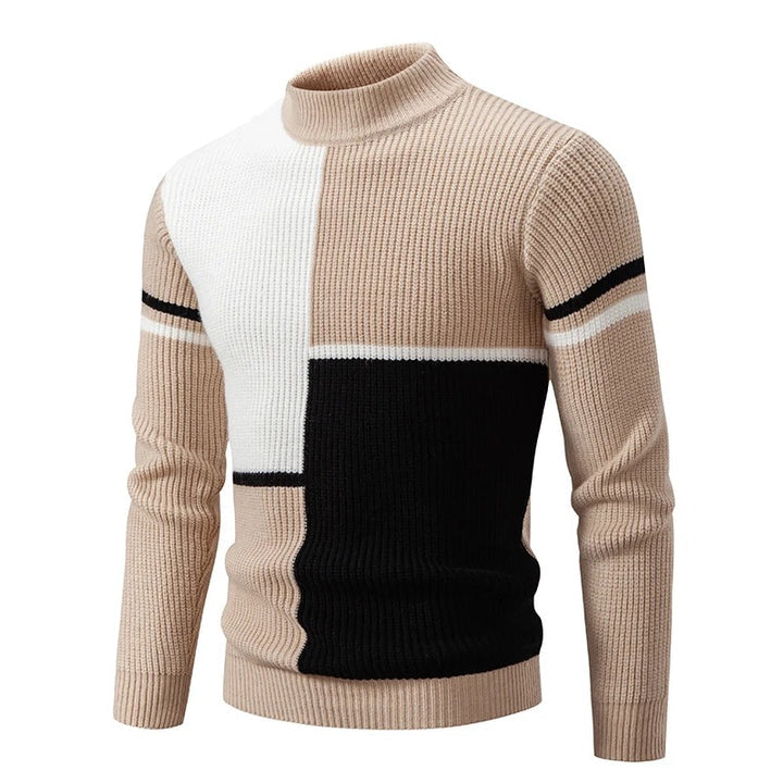 Men's Geometric Color-Block Ribbed Knit Sweater - Khaki/Black/White
