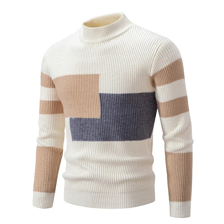 Men's Geometric Color-Block Ribbed Knit Sweater - White/Khaki/Gray