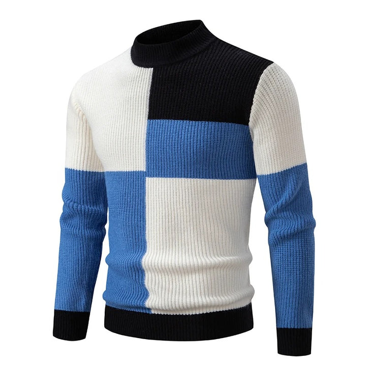 Men's Geometric Color-Block Ribbed Knit Sweater - Blue/Black/White