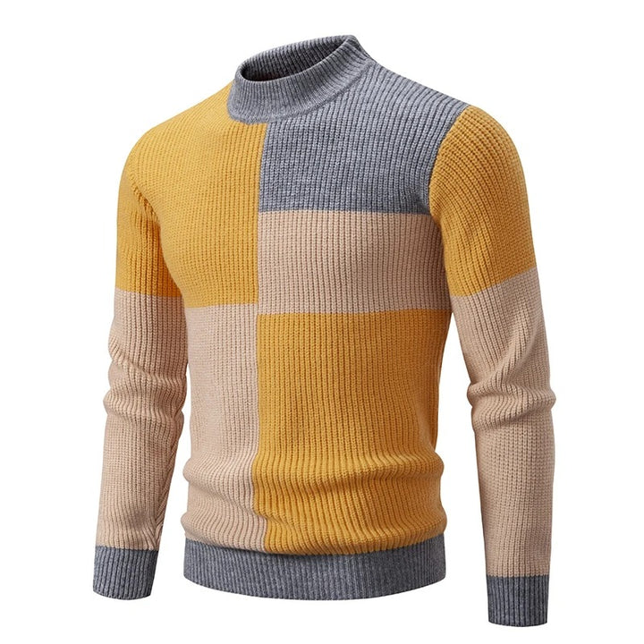 Men's Geometric Color-Block Ribbed Knit Sweater - Yellow/Gray/Khaki