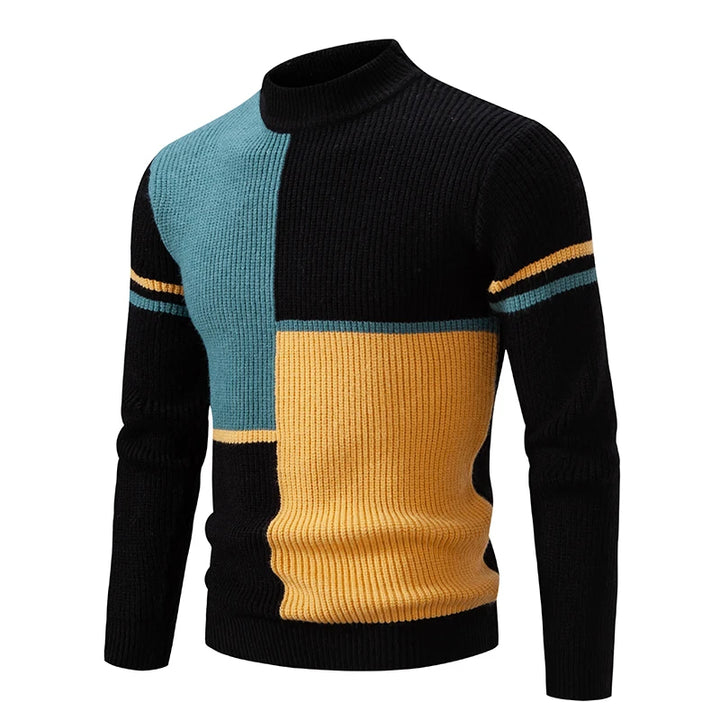 Men's Geometric Color-Block Ribbed Knit Sweater - Black/Green/Yellow
