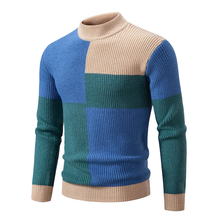 Men's Geometric Color-Block Ribbed Knit Sweater - Blue/Green