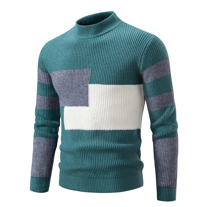 Men's Geometric Color-Block Ribbed Knit Sweater - Green/Gray